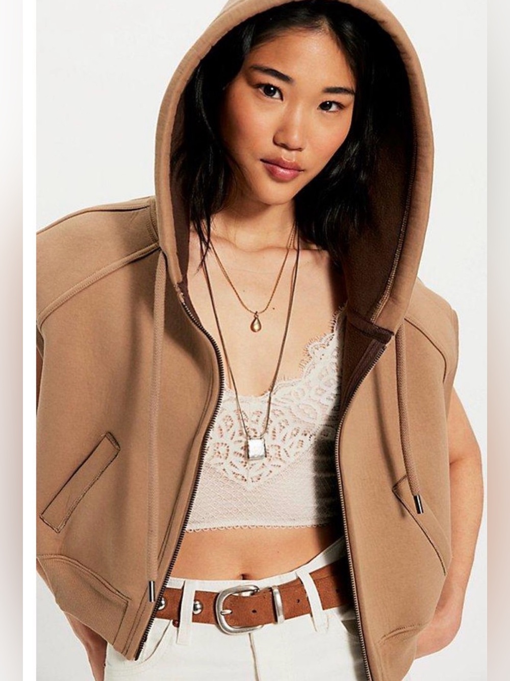 We The Free Pop layer Hooded Sleeveless Zip-Front Vest in Tan